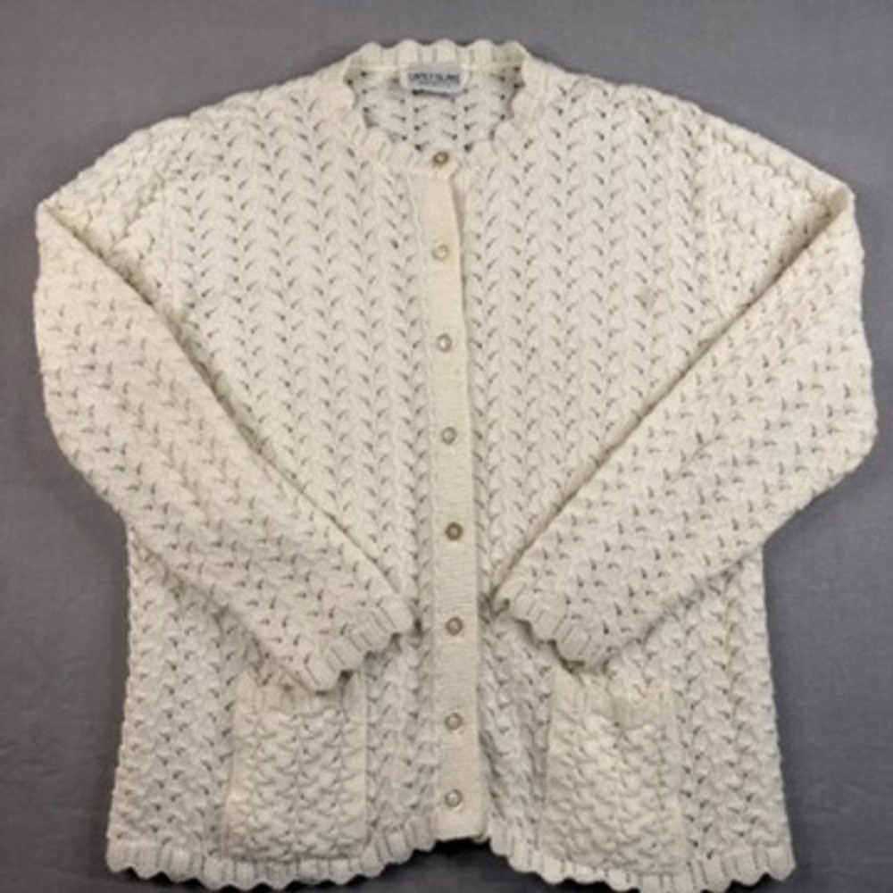 Carly Blake Vintage Cream Pointelle Cardigan Sweater Scalloped Made in USA L